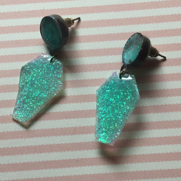 handmade Jewelry - Super cute creepy blue coffin glitter earrings ⚰️